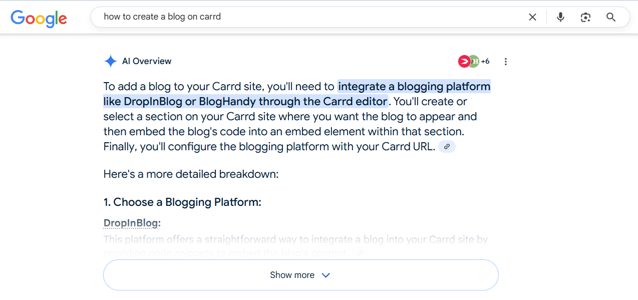Google's AI Overview for: how to create a blog on Carrd