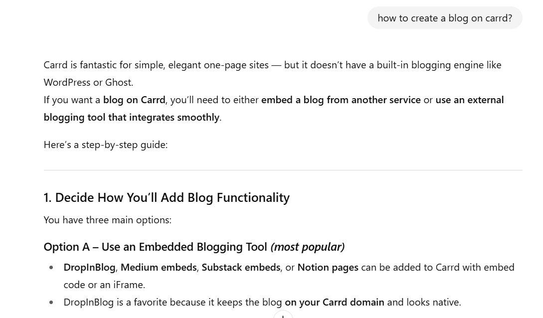 ChatGPT answer to the "How to create a blog on Carrd" query