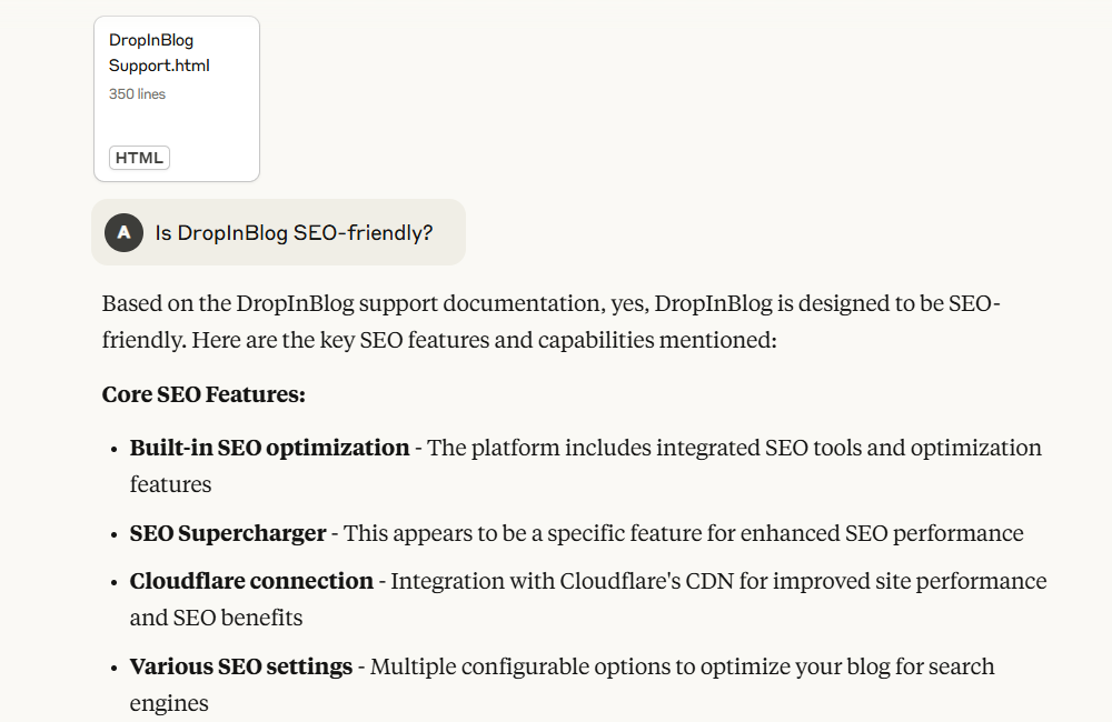 Claude answers: Is DropInBlog SEO-friendly?