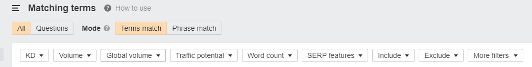 Ahrefs Keywords SEO Matching Terms