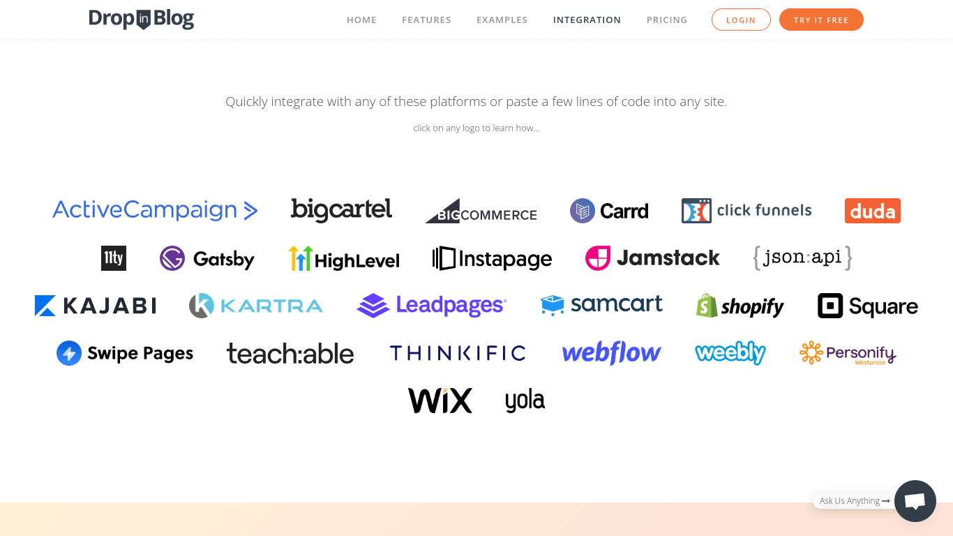 DropinBlog integration options