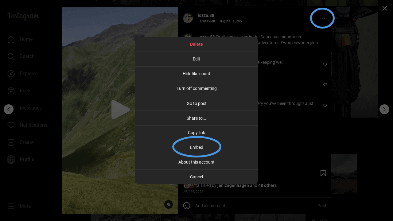 Embed Instagram videos in Shopify: Copy embed code from an Instagram reel