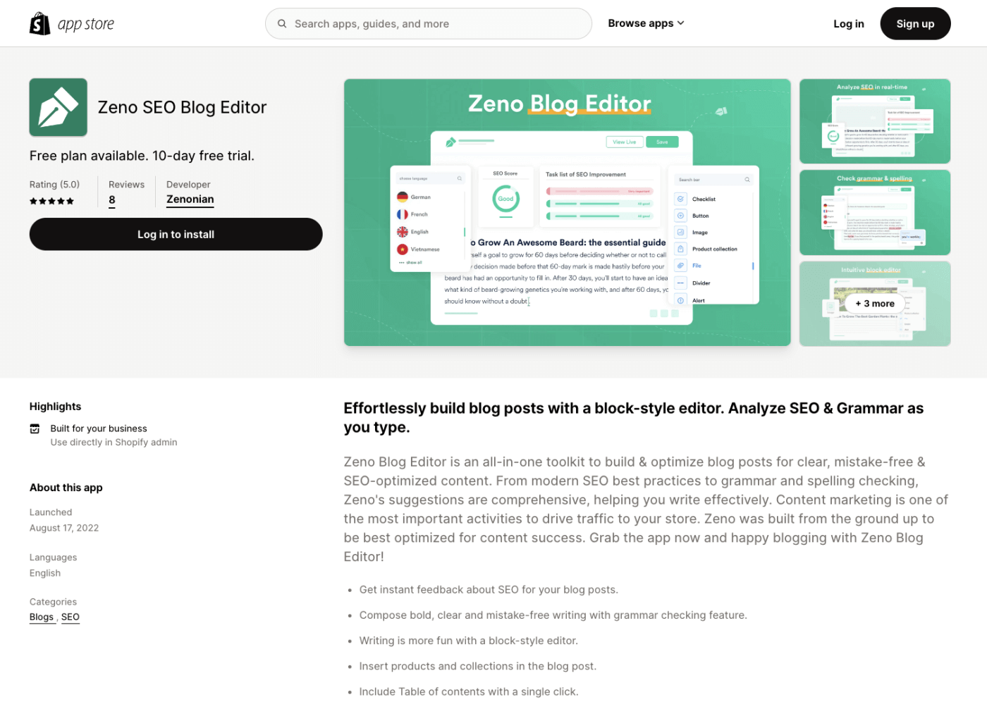 Zeno SEO blog editor Shopify page