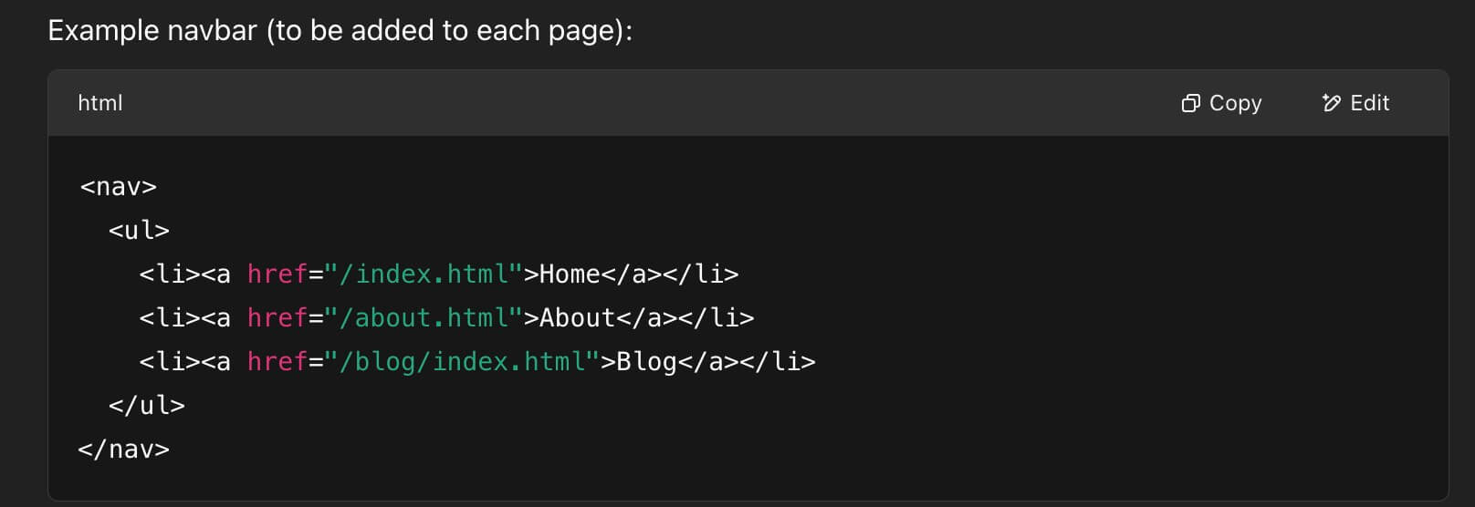 Example navigation setup for a hand-coded site