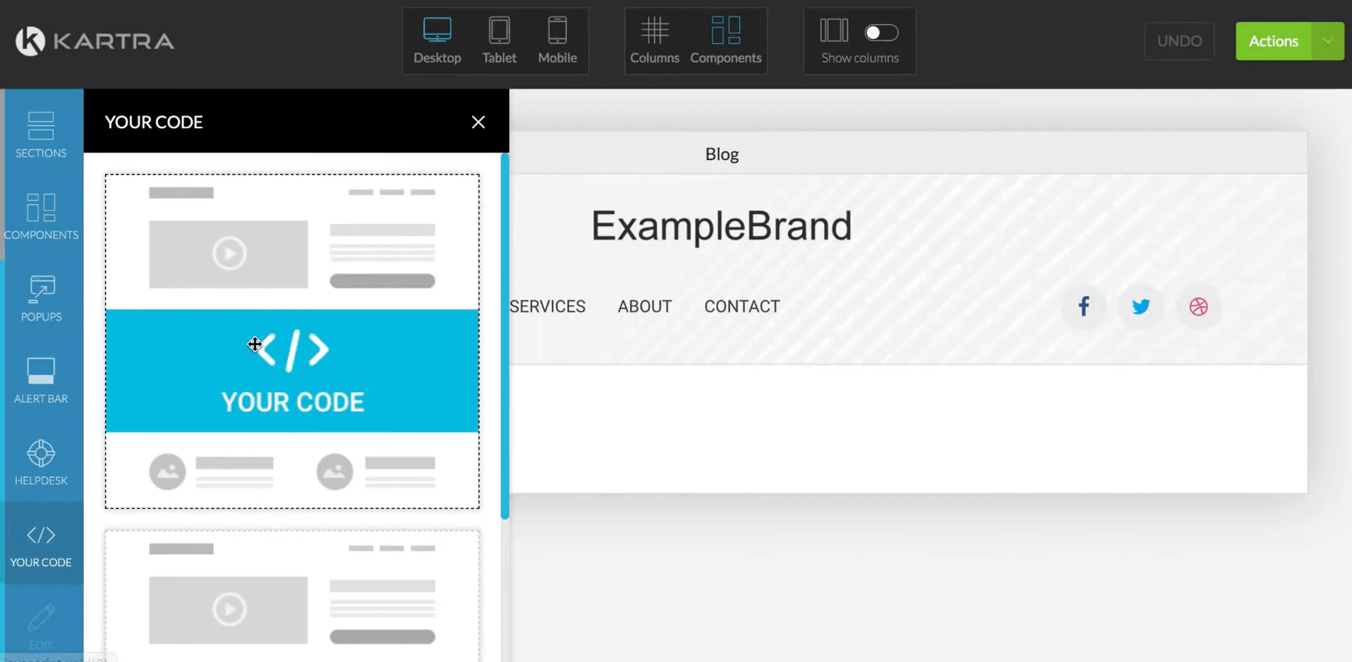 Adding Your Code section in Kartra