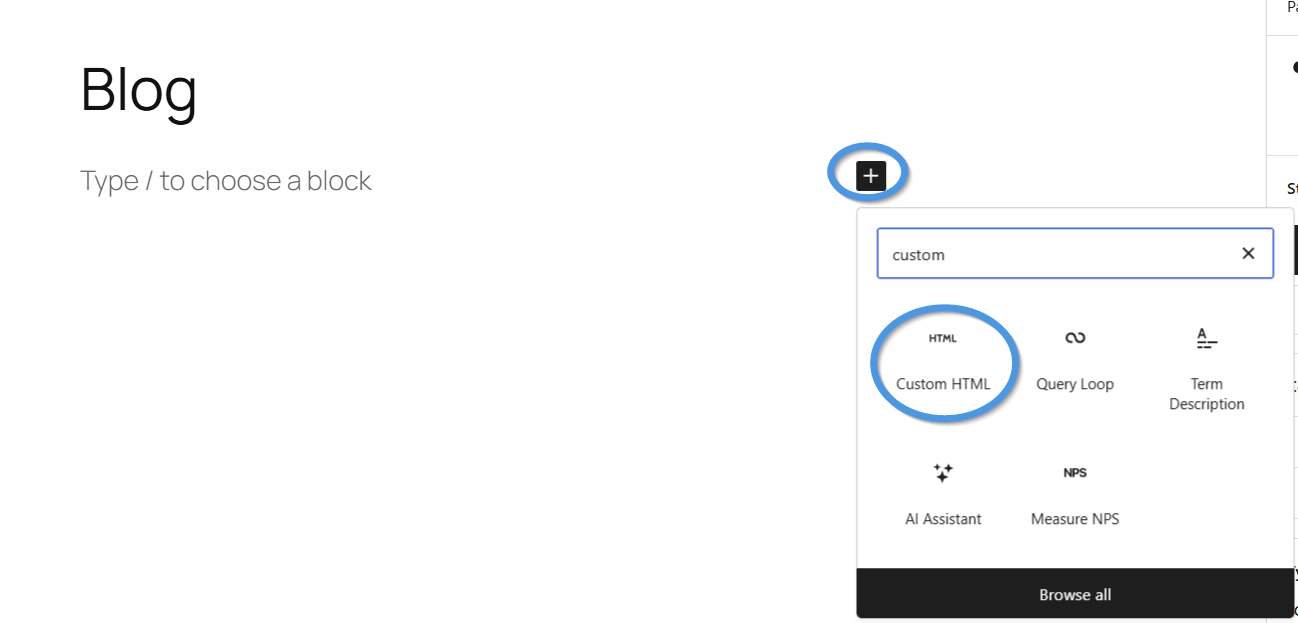 Add Custom HTML block to a new WordPress page