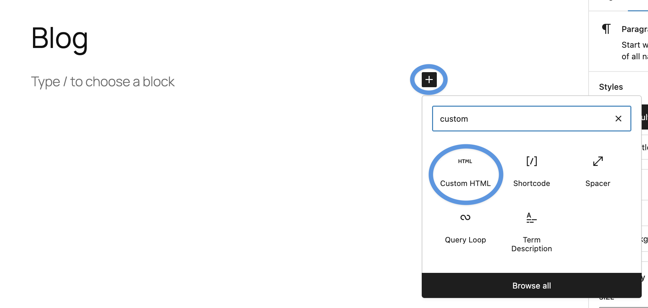 Add a Custom HTML block to a new WordPress page