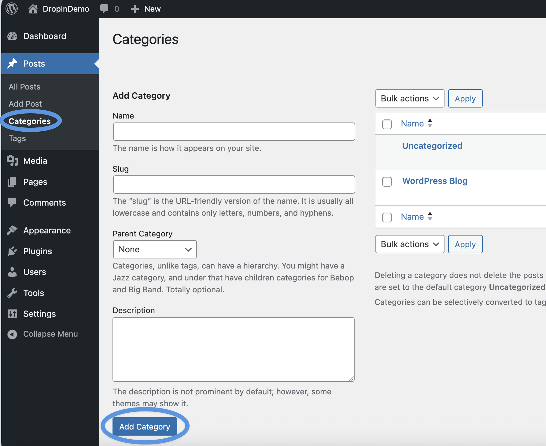 Adding a new category in WordPress