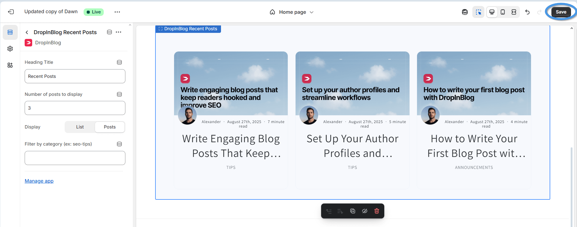 Save changes made to the DropInBlog Recent Posts