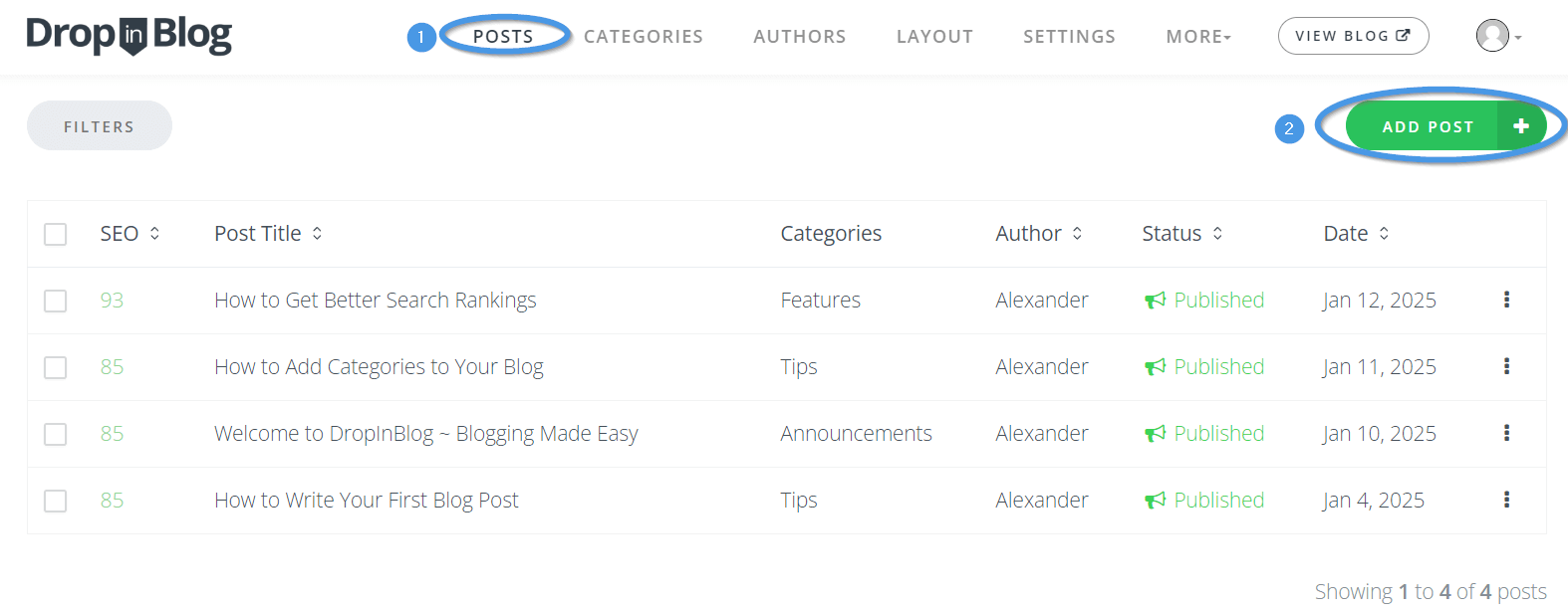 Adding a new post using the DropInBlog editor
