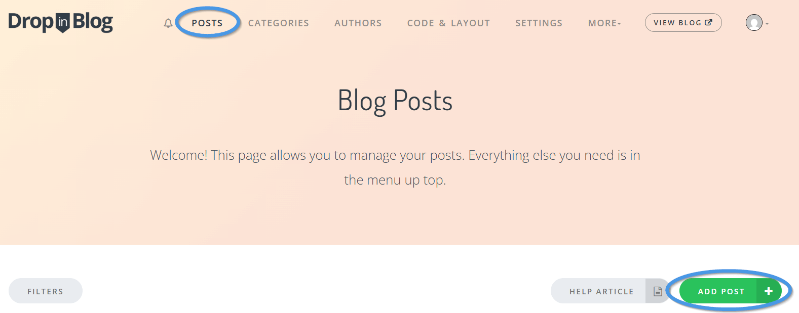 Add a new blog post with DropInBlog