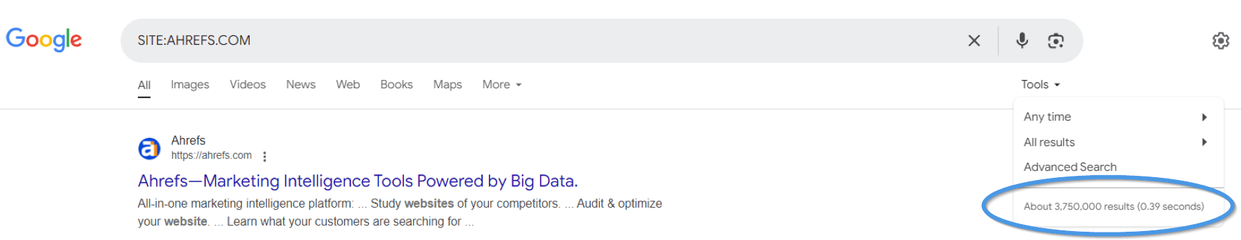 Ahrefs website: number of pages