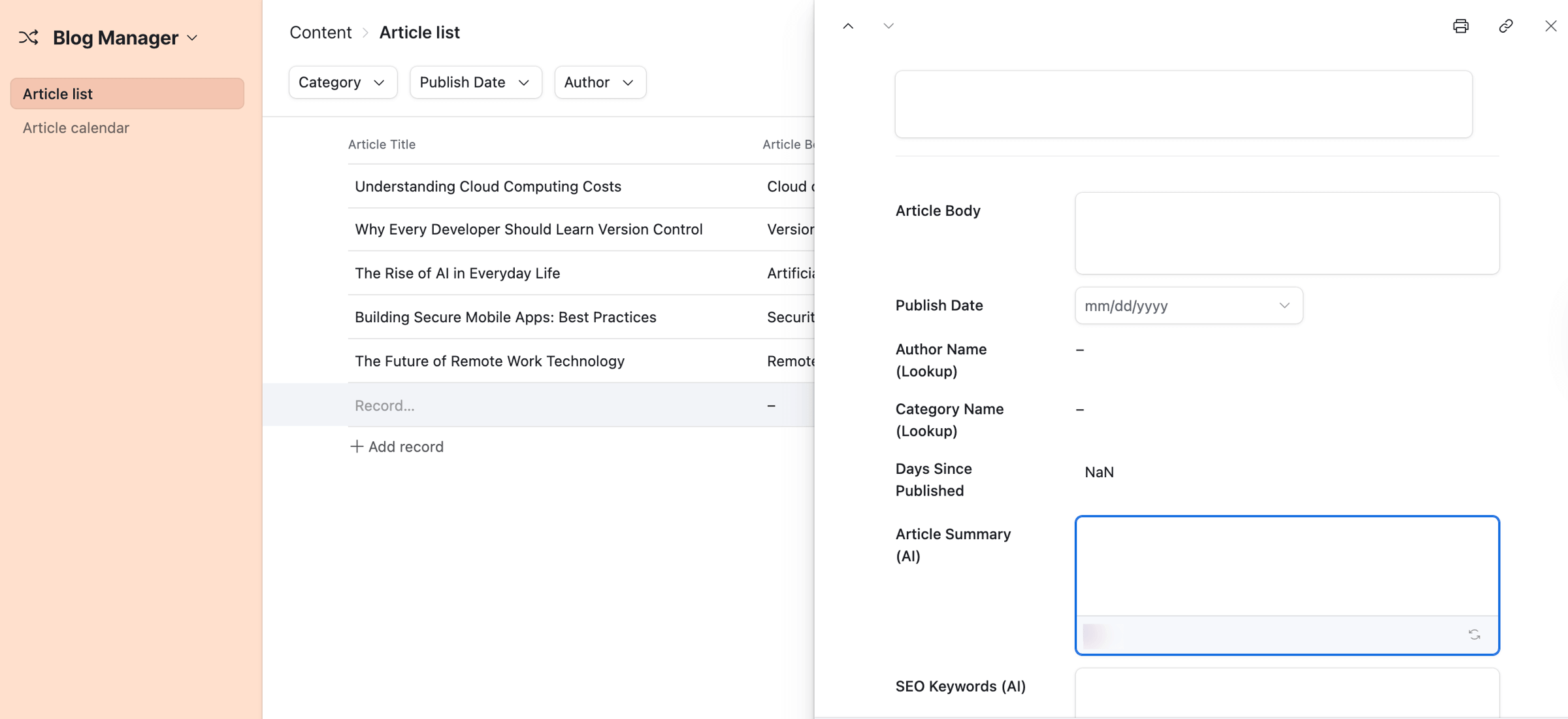 Adding blog post data inside Airtable