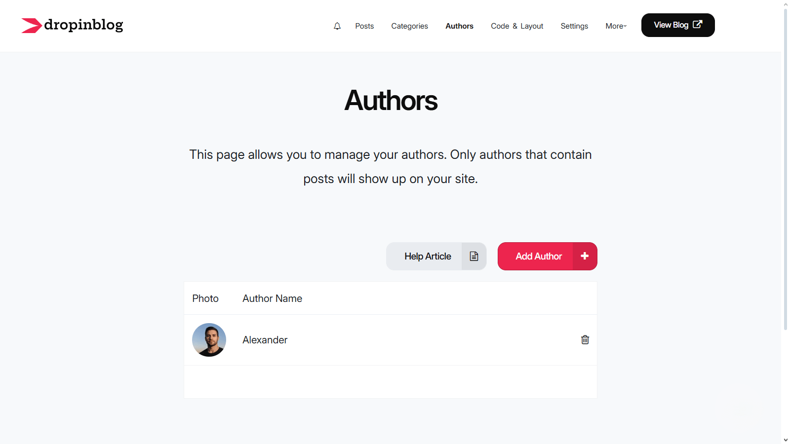 Authors page in DropInBlog
