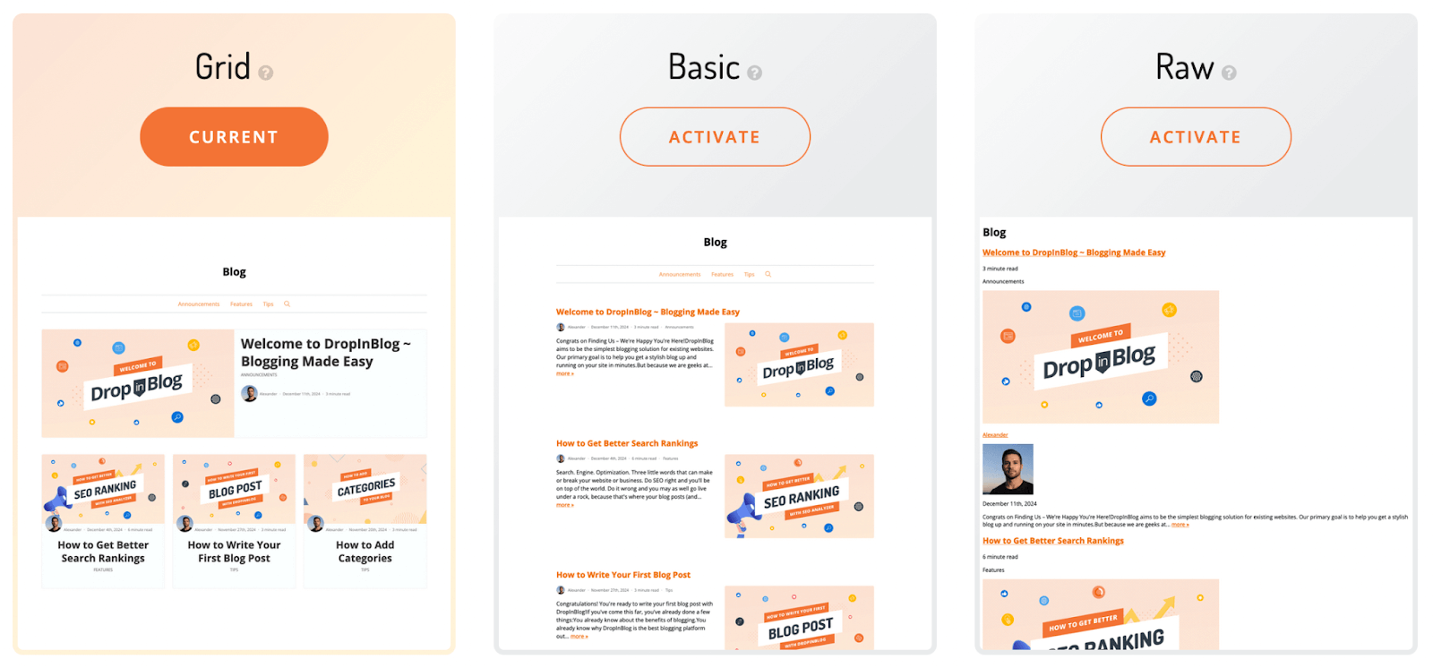 Supported blog layouts