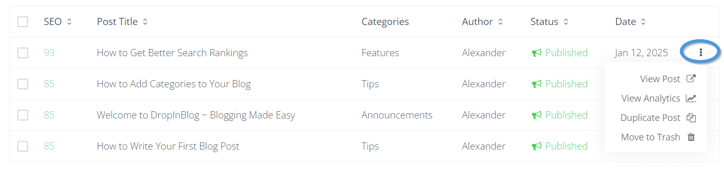 Managing posts using the kebab menu