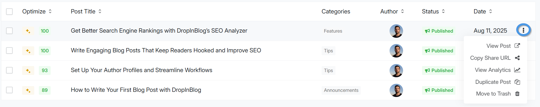 Managing posts using the kebab menu