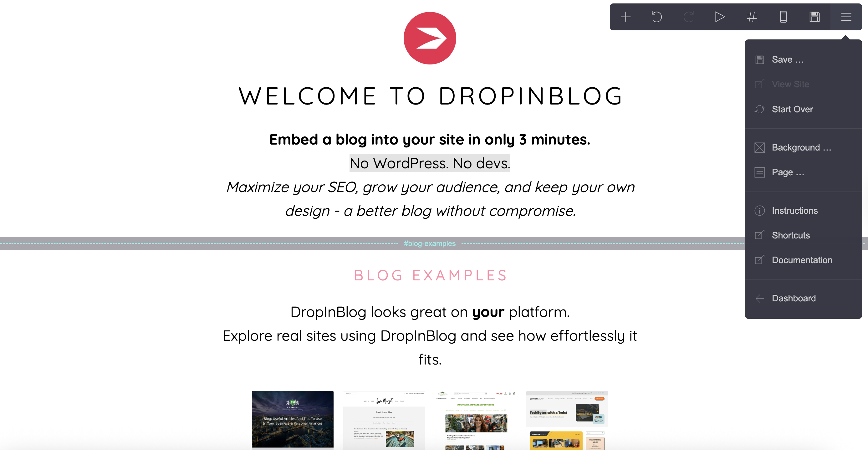 Carrd's editor menu options