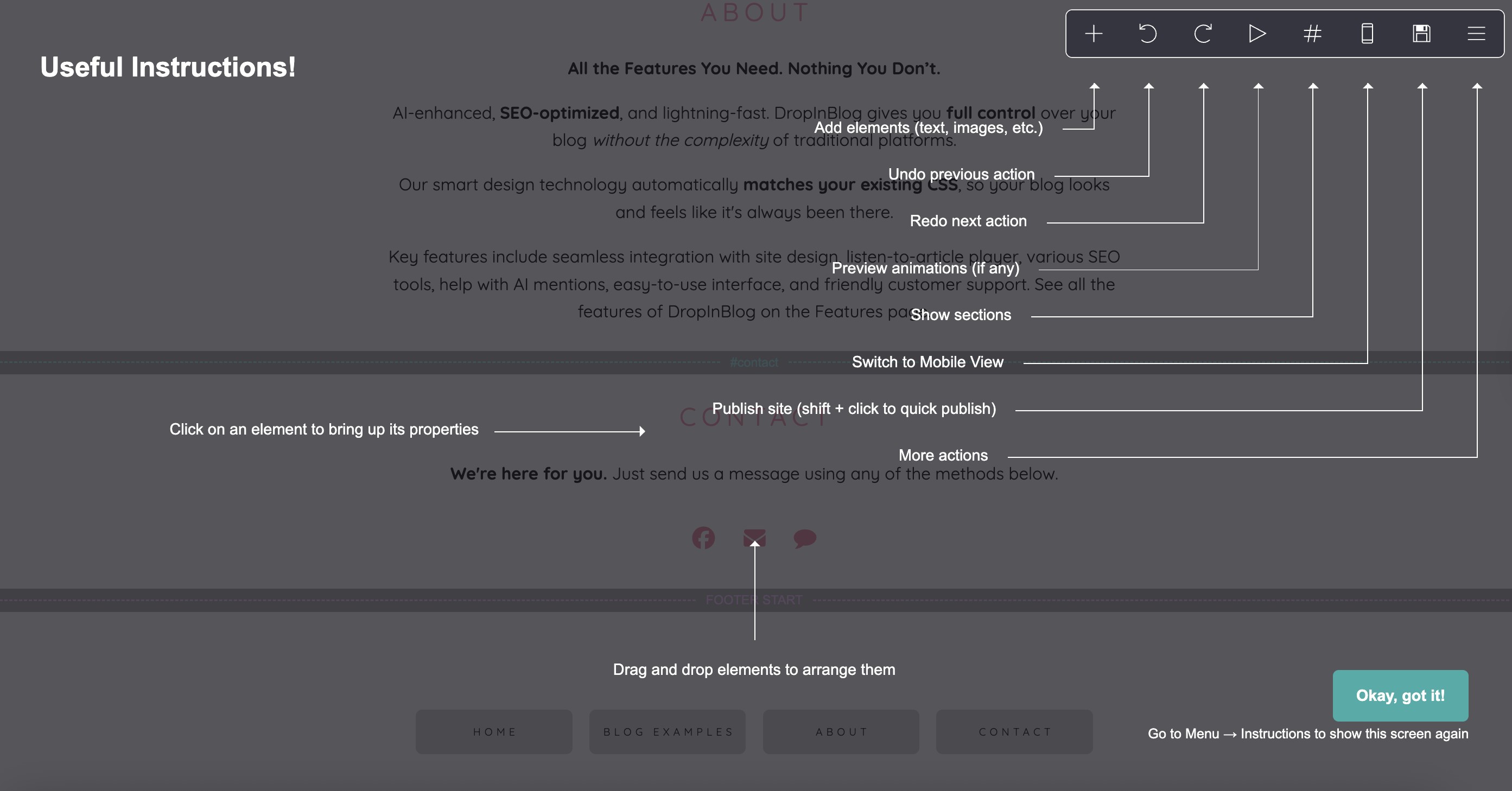 Action menu in Carrd's editor