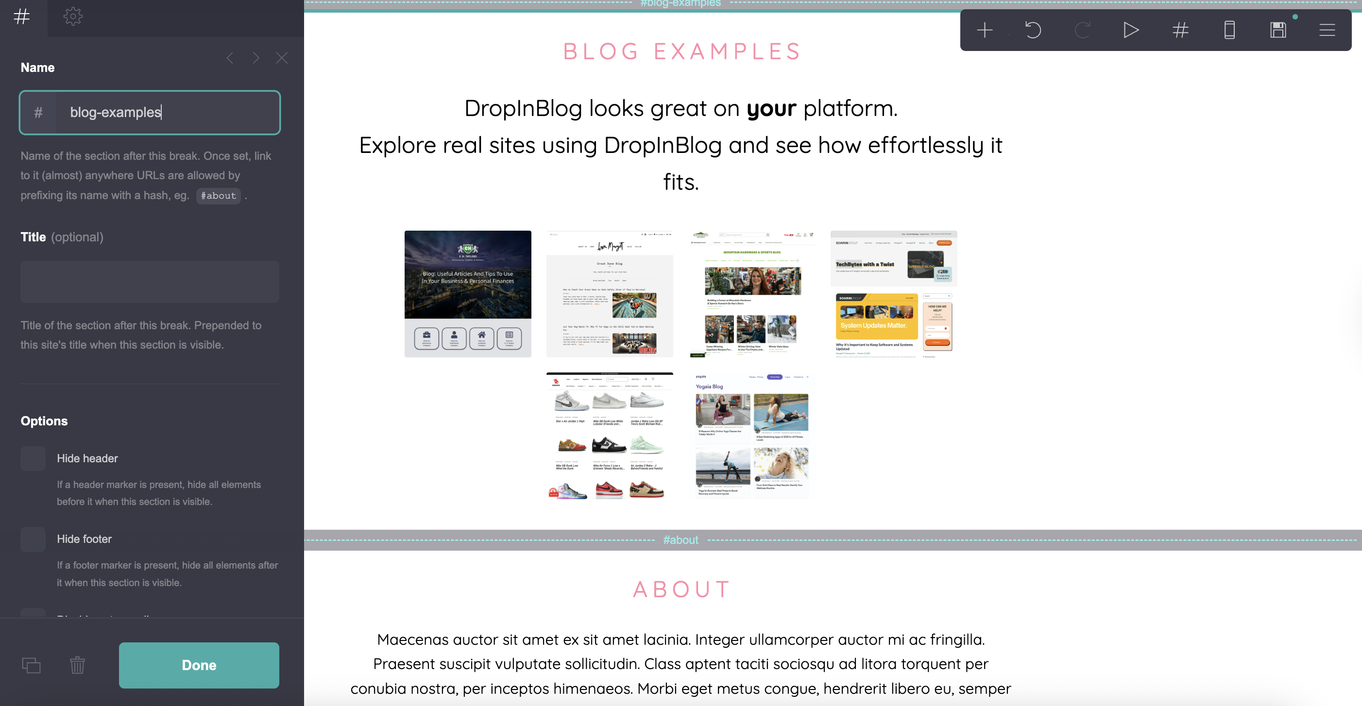Section settings in Carrd