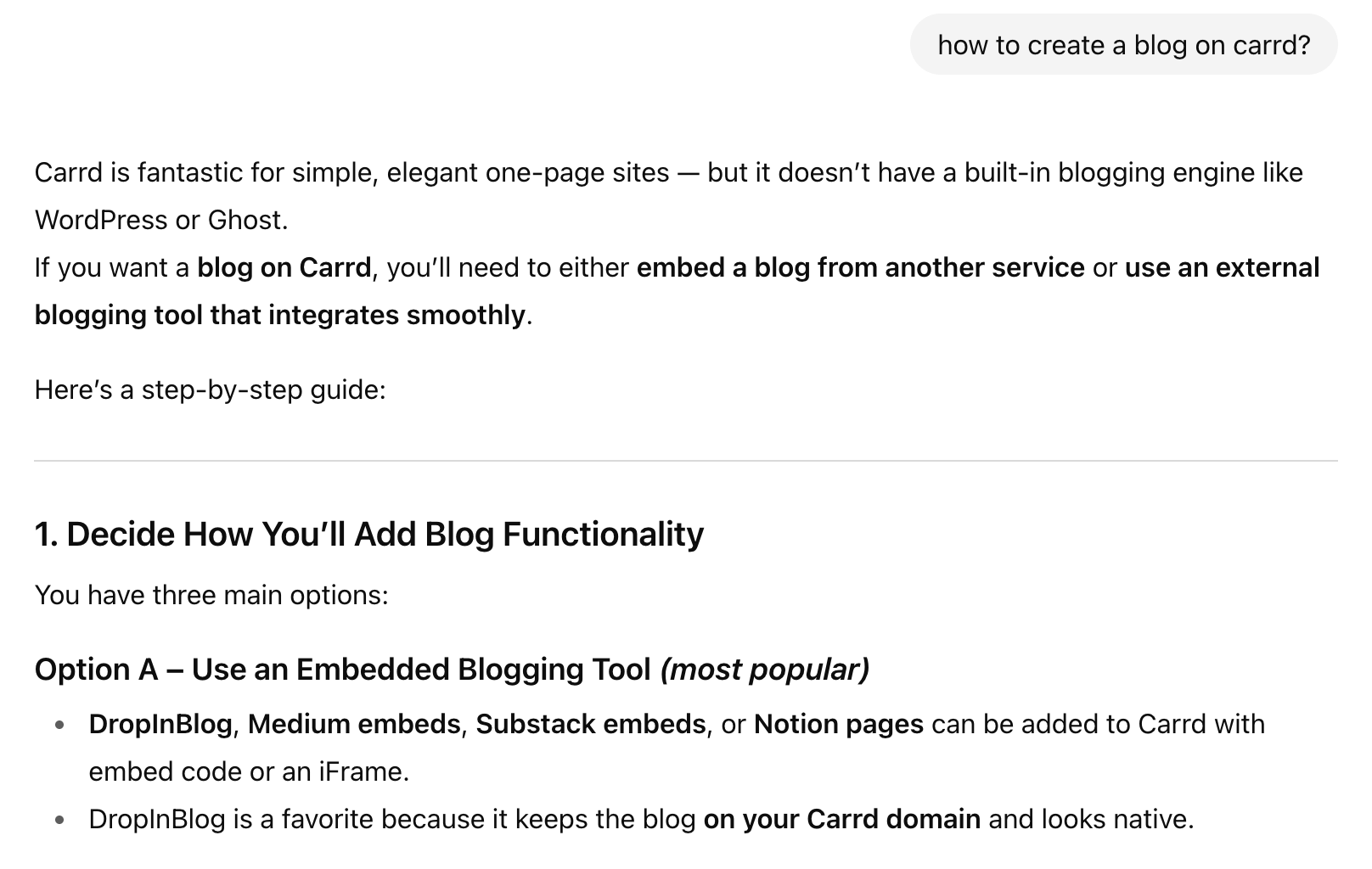 ChatGPT answer to the "How to create a blog on Carrd" query