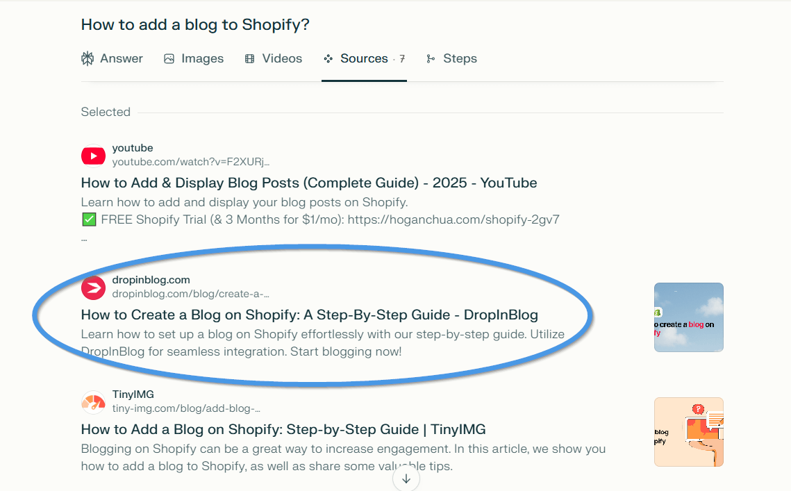Perplexity sources for "how to add a blog to Shopify"
