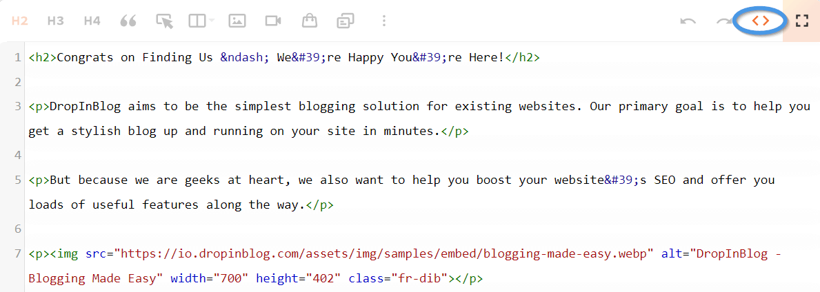 The DropInBlog Editor: Code view