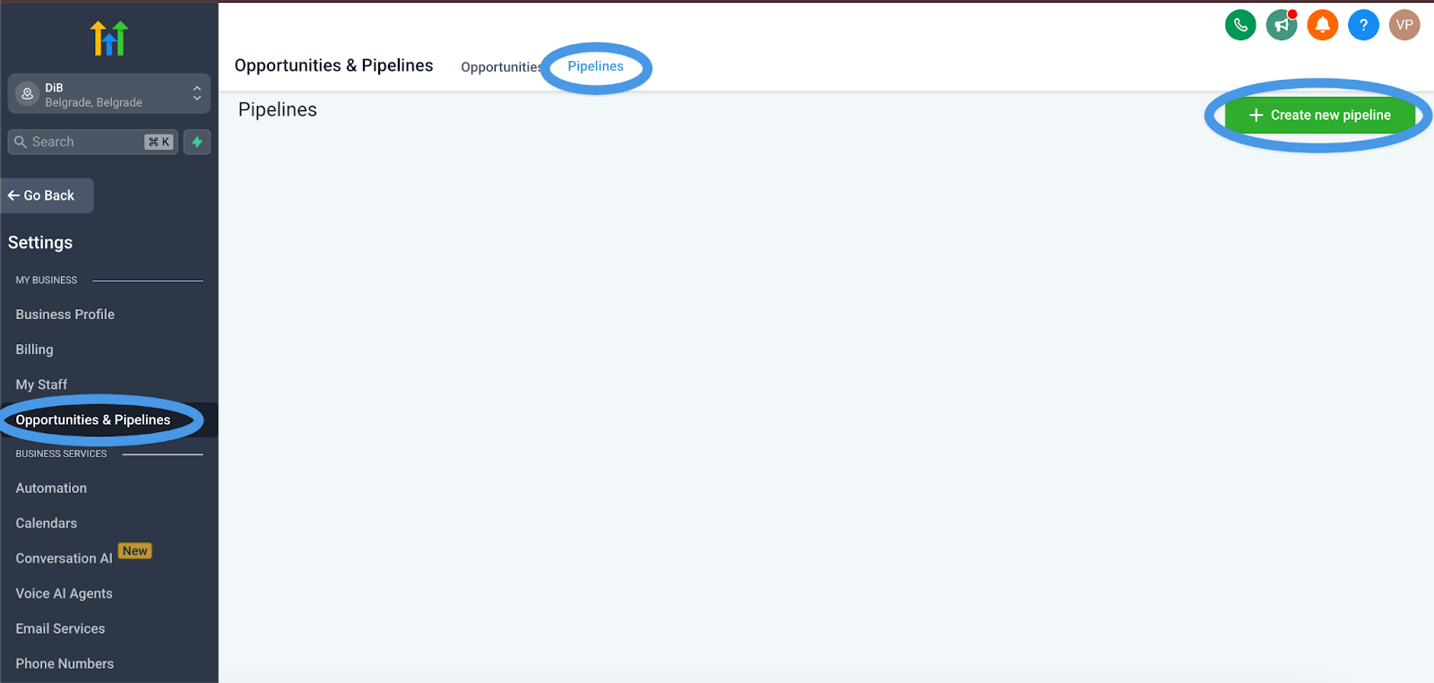 Creating a pipeline in GoHighLevel
