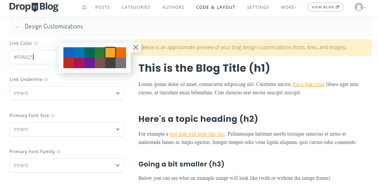 Design customizations available with DropInBlog