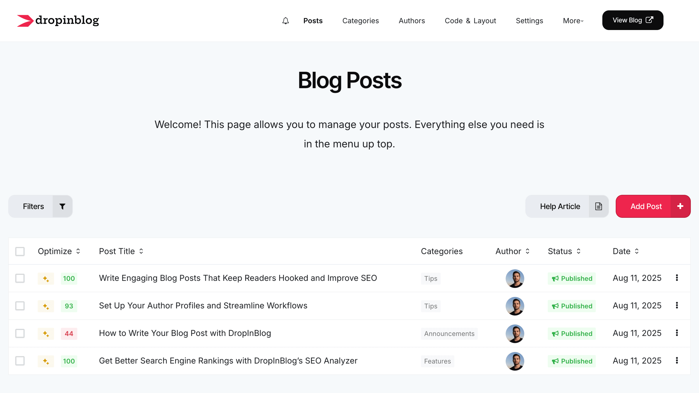DropInBlog admin: Posts page