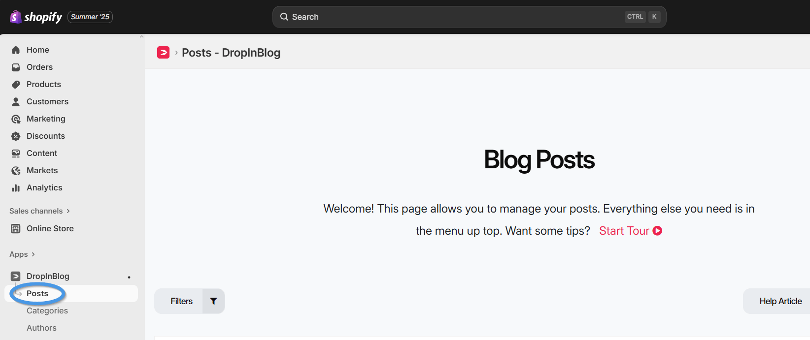 Access the DropInBlog app from your Shopify admin