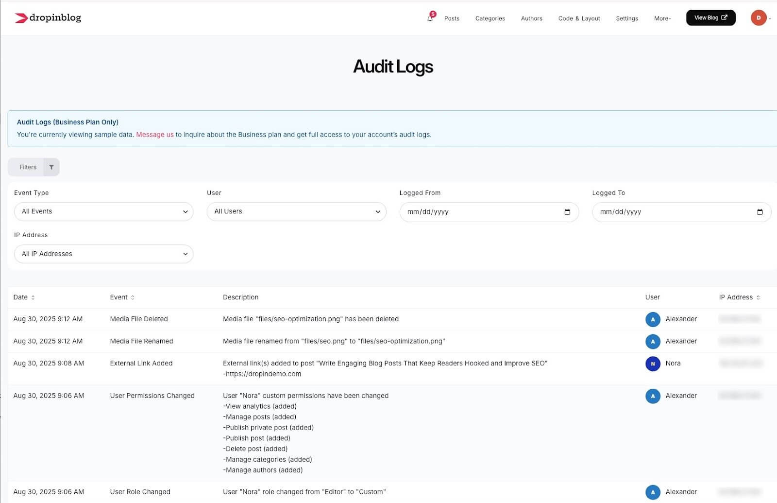Audit logs feature in DropInBlog