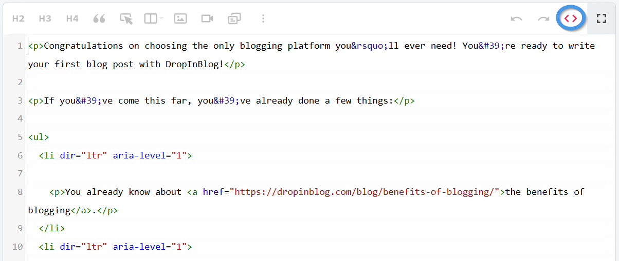 The DropInBlog Editor: Code view