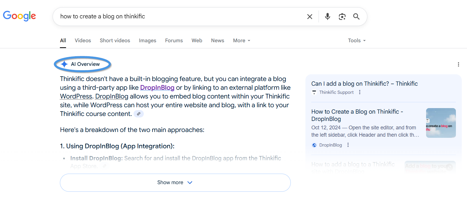 Google's AI Overview answer for the query: how to create a blog on Thinkific