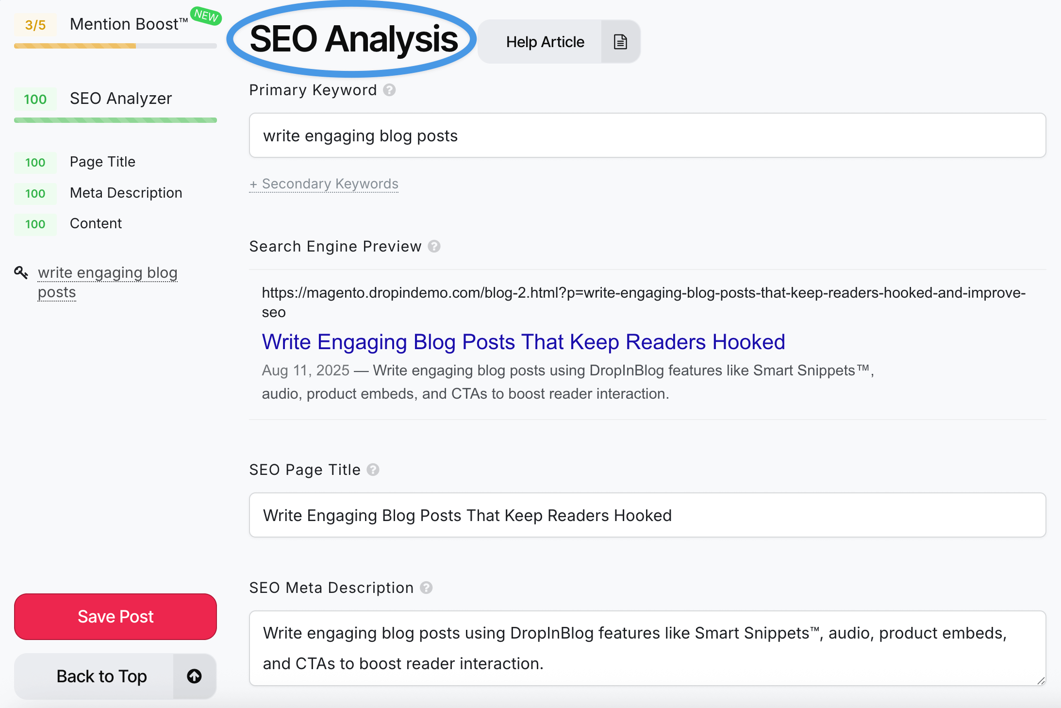 Optimize your blog posts with DropInBlog's SEO Analyzer