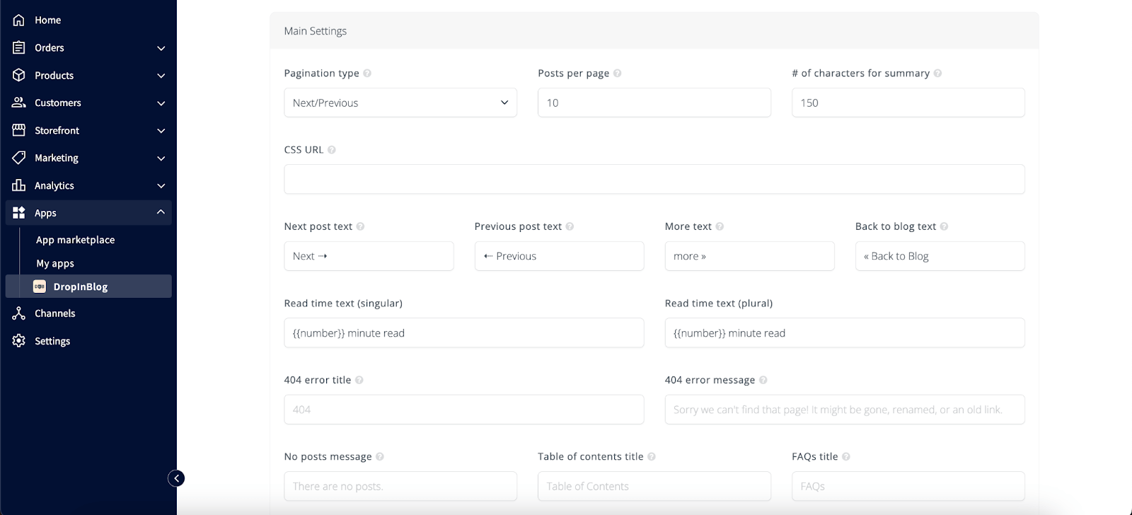 DropInBlog app settings