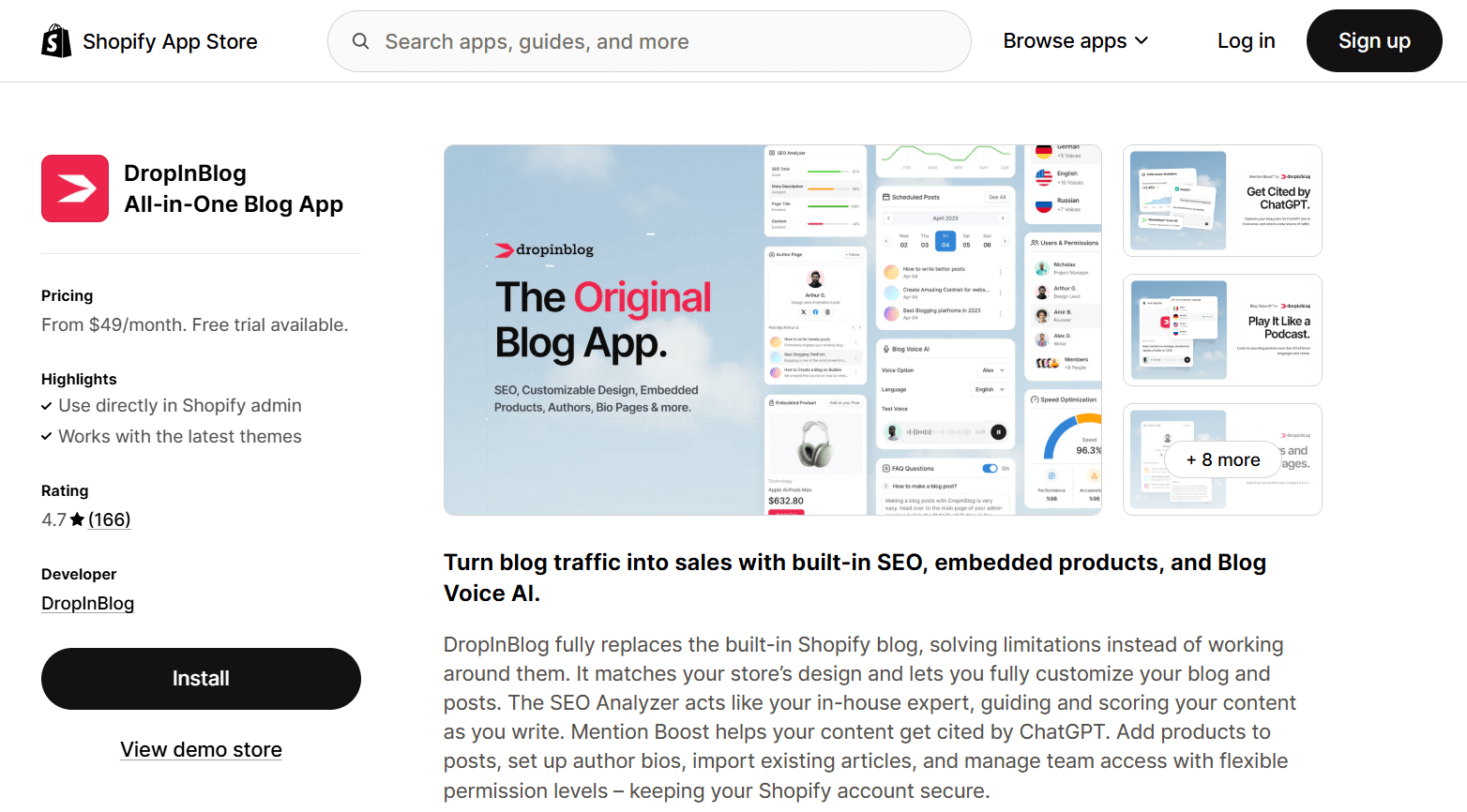 DropInBlog Shopify app listing