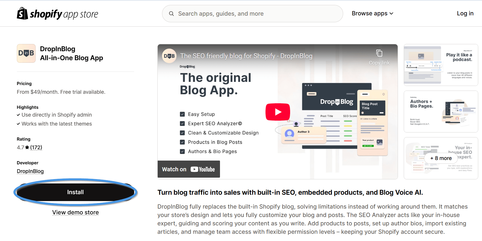 DropInBlog app in Shopify's App Store