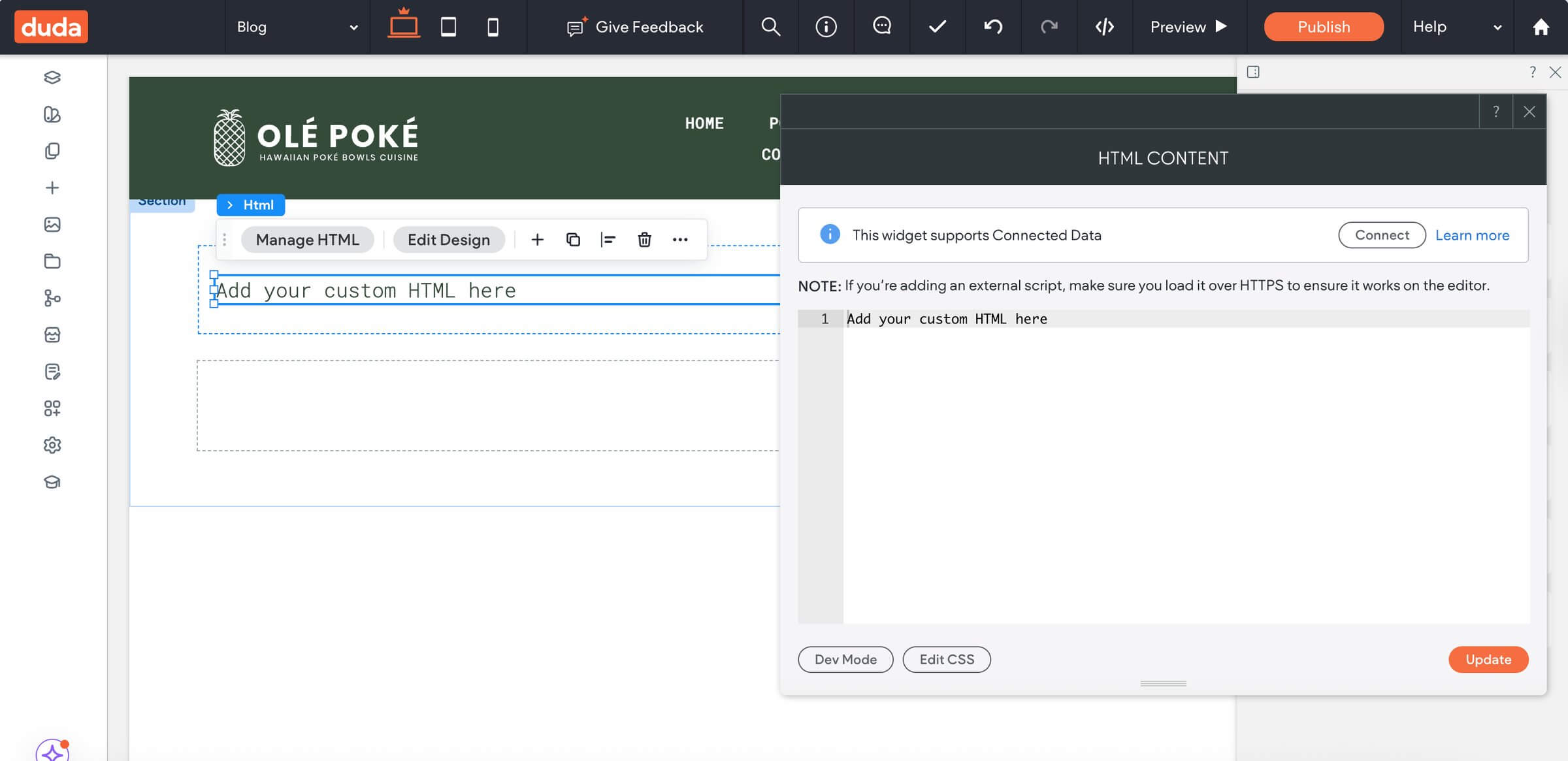Drag and drop HTML Content widget in Duda