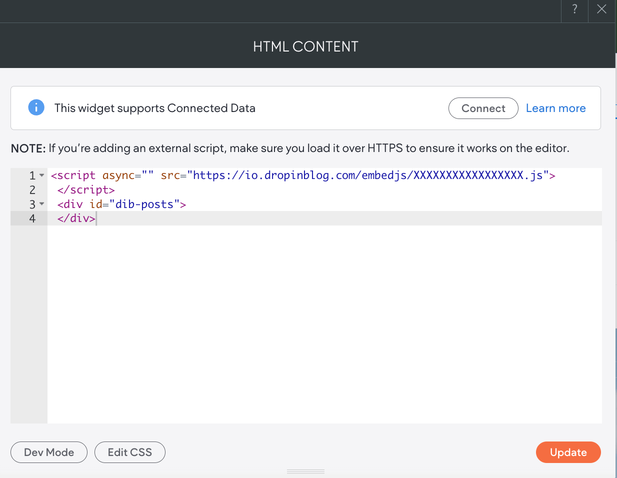 Add the DropInBlog blog code inside the HTML block in Duda