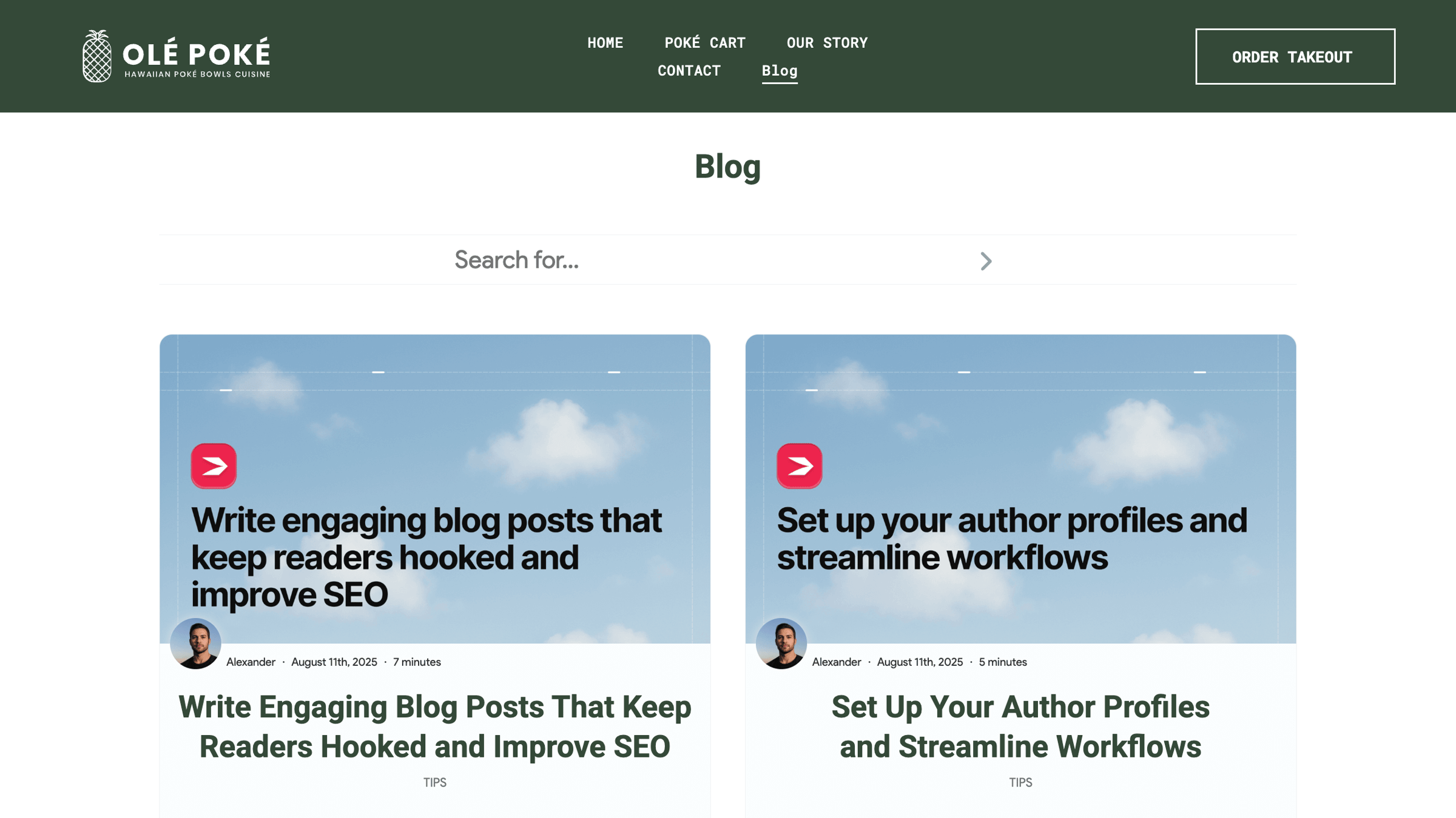 A preview of the new blog page in Duda