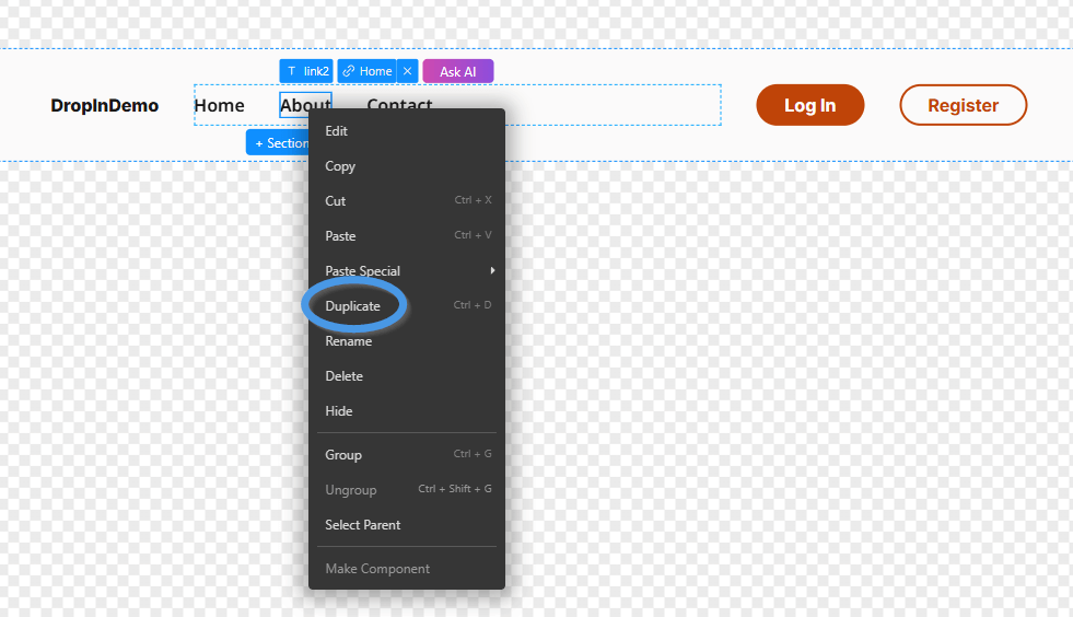 Duplicate link item in TeleportHQ Component editor