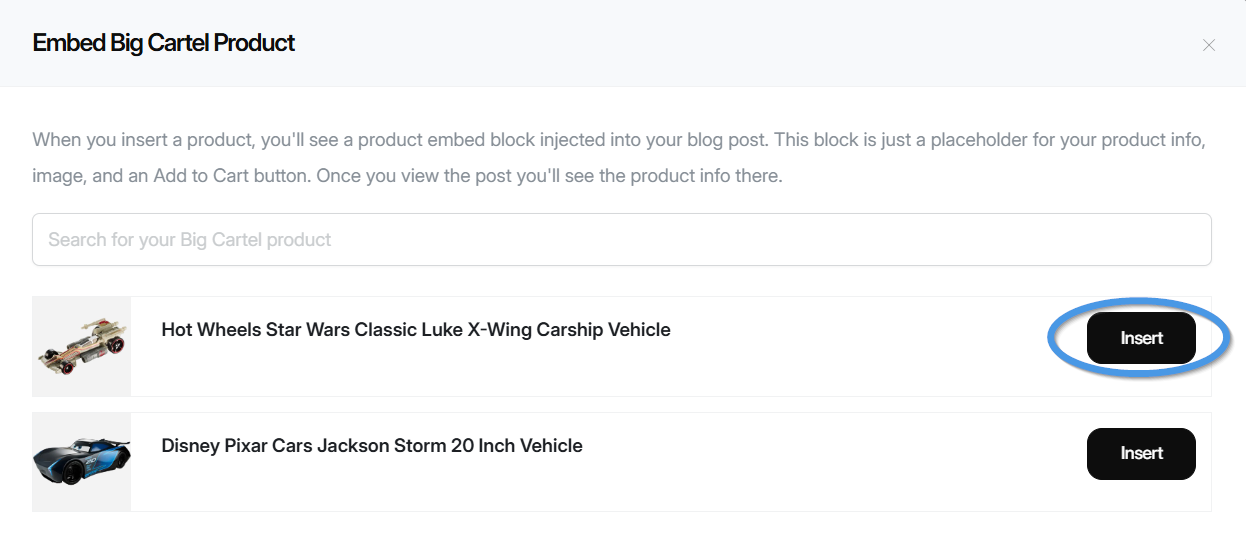 Inserting a product from the DropInBlog post editor