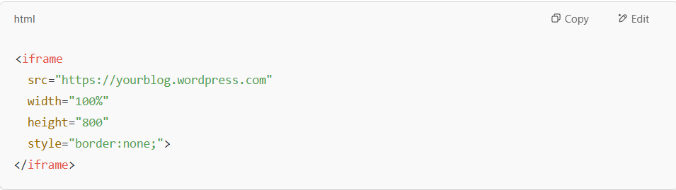 Example iframe code for embedding WordPress to an HTML site