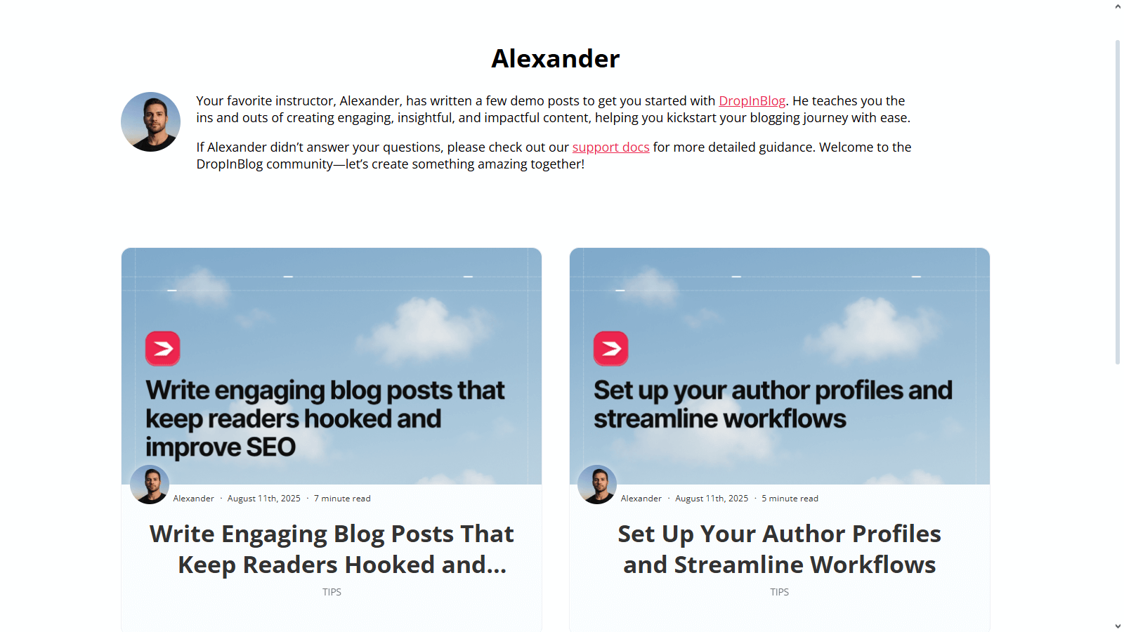 An example of an author page on a DropInBlog blog