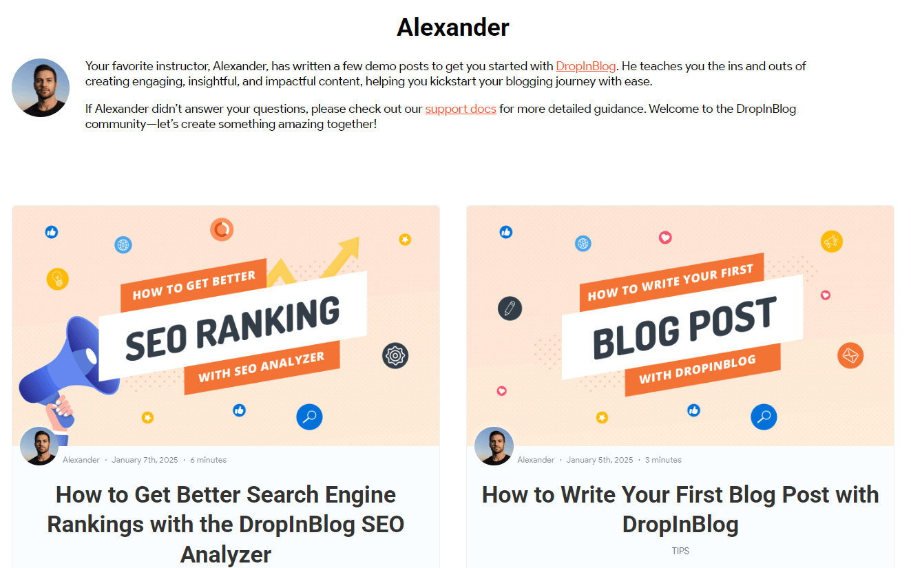 An example of an author page on a DropInBlog blog