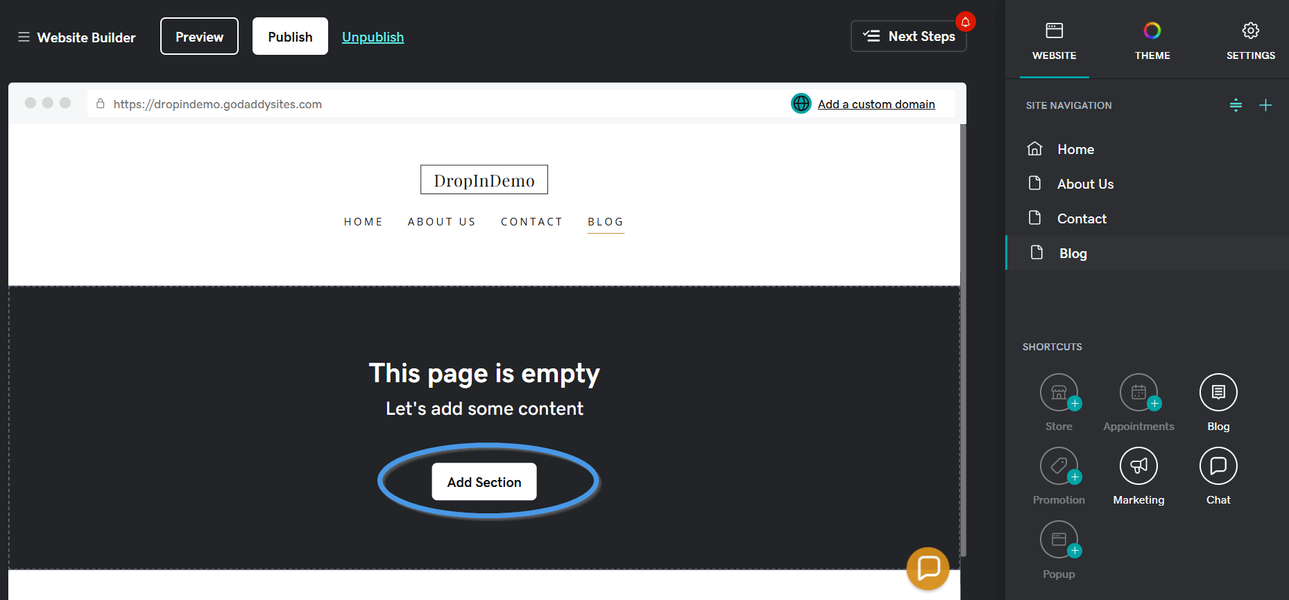 GoDaddy blog install step