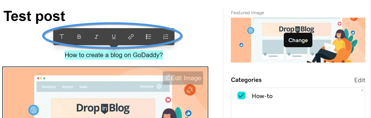 Create a blog on GoDaddy: GoDaddy's post editor