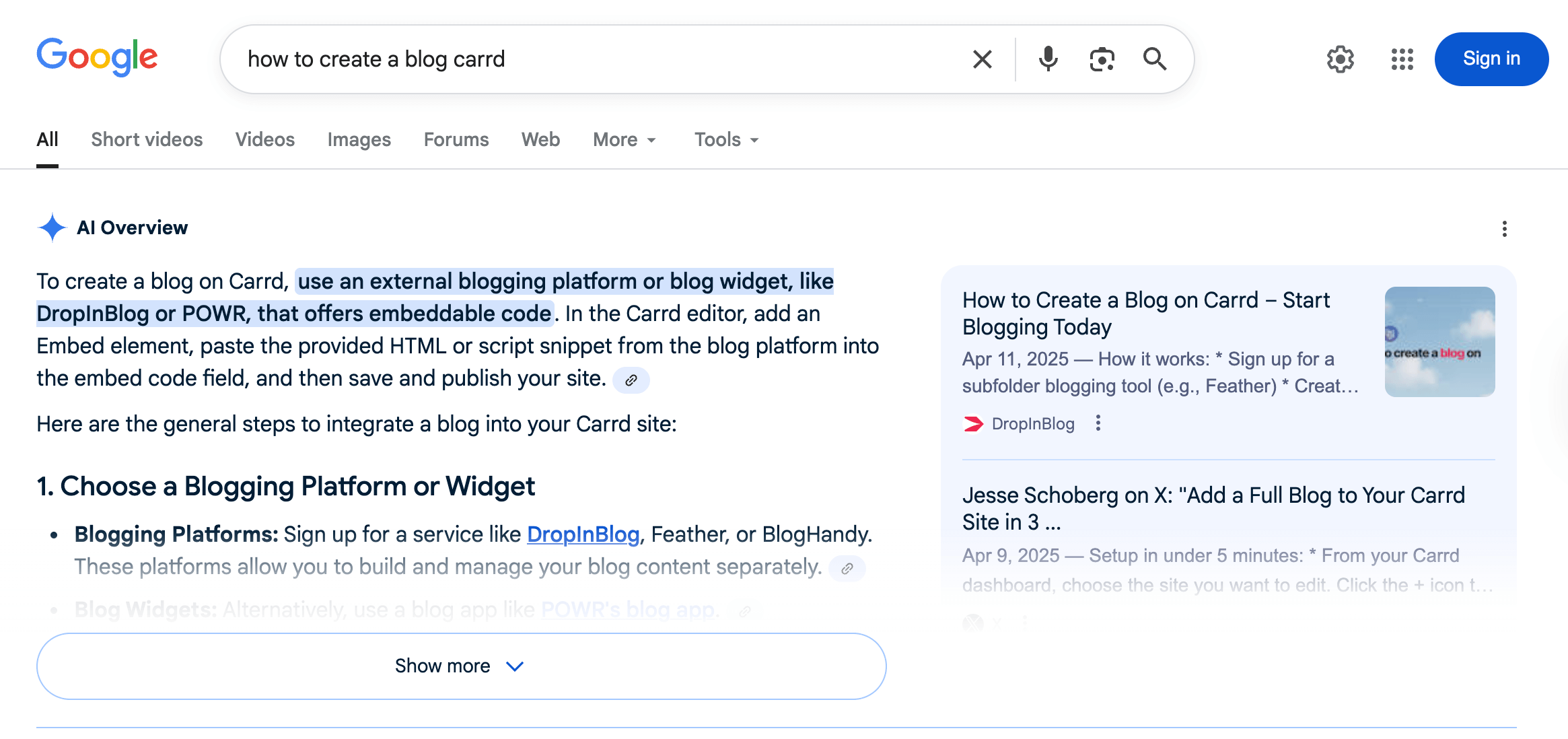 Google's AI Overview for: how to create a blog on Carrd