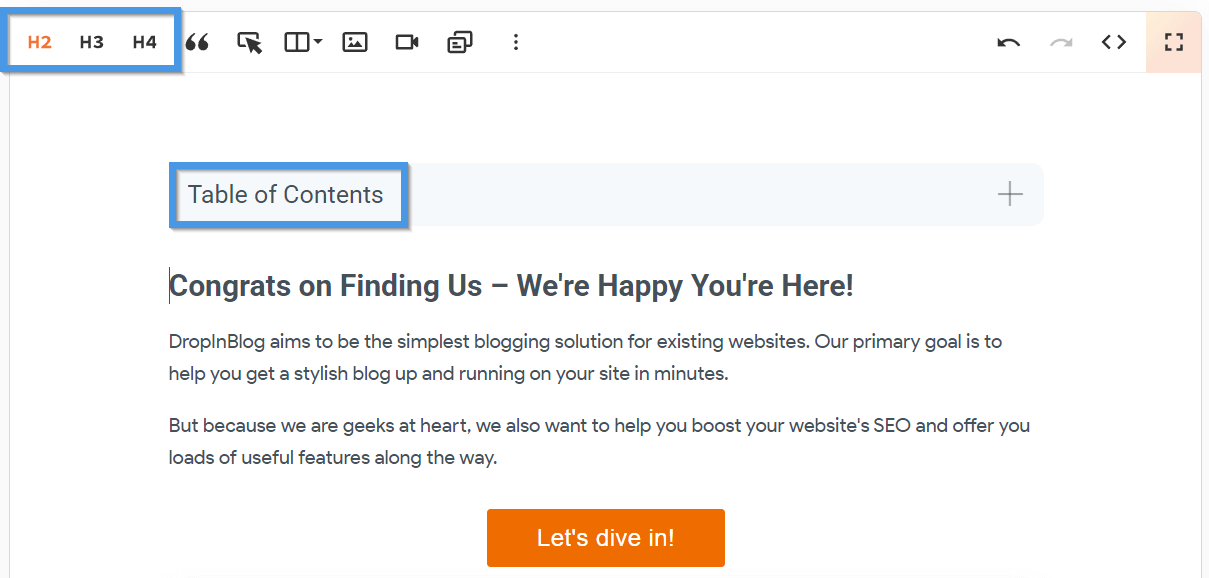 Adding headings and a table of content inside the DropInBlog editor